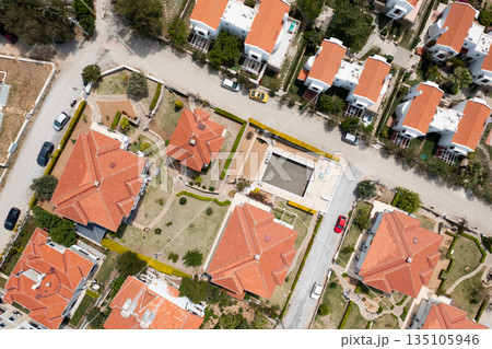 Drone capturing residential houses with swimming pool in a suburban area Drone capturing residential houses with swimming pool in a suburban area 135105946