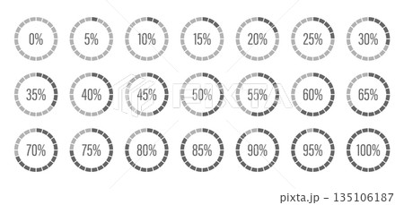 Round percentage infographic. Progress bars. Template of dark gray and gray color fill pie charts indicator. Circle diagrams icons for infographics from 0 to 100 percent. Round graph loading progress Round percentage infographic. Progress bars. Template of dark gray and gray color fill pie charts indicator. Circle diagrams icons for infographics from 0 to 100 percent. Round graph loading progress 135106187