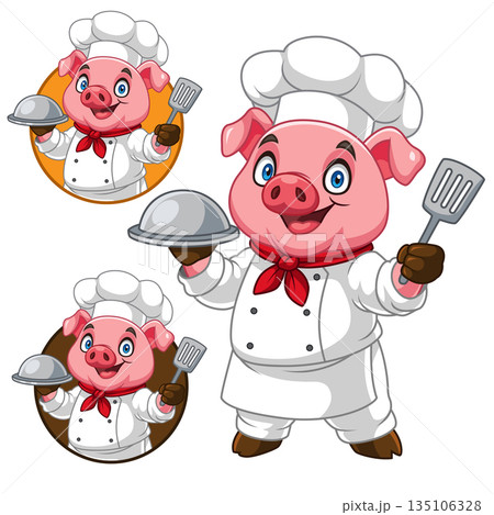 Cartoon mascot pig wearing chef's uniform 135106328