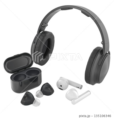 Headphones and wireless earbuds set, over ear and true wireless earphones. 3D rendering 135106346