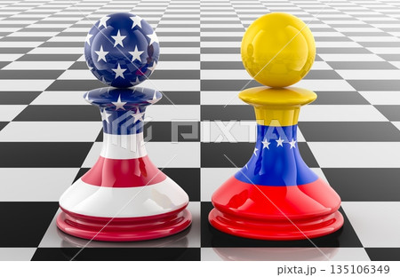Chess pawns with USA and Venezuela flags, geopolitics rivalry concept. 3D rendering 135106349