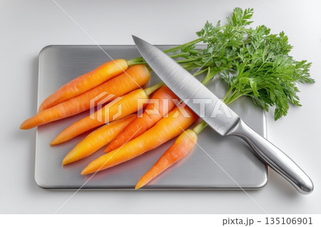 Professional kitchen product concept with stacked stainless steel boards, perfect for clean branding and mockup use. 135106901