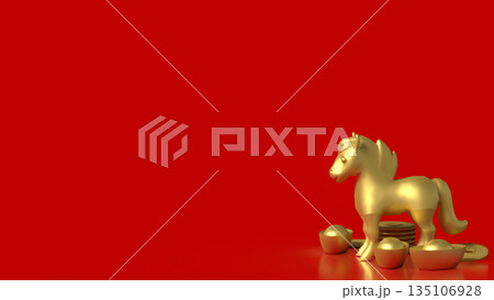 Golden Horse Statue with Chinese Gold Ingots on Red Background 3d render. 135106928