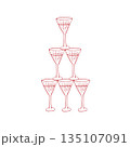 Vector whimsical red champagne tower. Cocktails with red glasses on white background 135107091