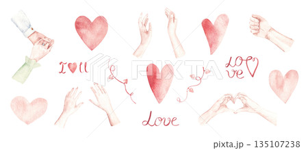 Romantic watercolor hand gestures, hearts and LOVE words for Valentines Day. Hand drawn love symbols perfect for card, wedding, engagement, invitation, scrapbook and romantic design. Romantic watercolor hand gestures, hearts and LOVE words for Valentines Day. Hand drawn love symbols perfect for card, wedding, engagement, invitation, scrapbook and romantic design. 135107238