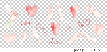 Romantic watercolor hand gestures, hearts and LOVE words for Valentines Day. Hand drawn love symbols perfect for card, wedding, engagement, invitation, scrapbook and romantic design. Romantic watercolor hand gestures, hearts and LOVE words for Valentines Day. Hand drawn love symbols perfect for card, wedding, engagement, invitation, scrapbook and romantic design. 135107238