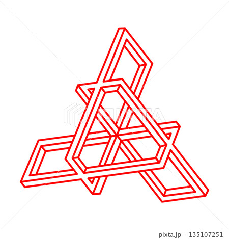 Impossible shape. Logo. Sacred geometry figure. Optical illusion. Abstract eternal geometric object. Impossible endless outline. Line art. Optical art. Impossible geometry shape on a white background. Impossible shape. Logo. Sacred geometry figure. Optical illusion. Abstract eternal geometric object. Impossible endless outline. Line art. Optical art. Impossible geometry shape on a white background. 135107251