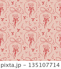 Vector rococo seamless pattern with whimsical illustrations. Cherry red glass with bows 135107714