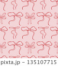Cherry bow whimsical doodle. Hand drawn seamless rococo pattern 135107715