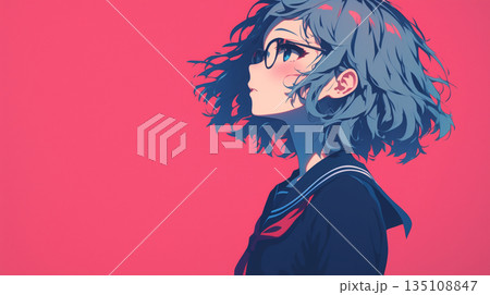 横顔の女学生イラスト カラフル AI画像 135108847