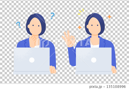 Checking and completing tasks. A woman working on a computer. Illustration of a "thinking face" and an "OK sign." Checking and completing tasks. A woman working on a computer. Illustration of a "thinking face" and an "OK sign." 135108996