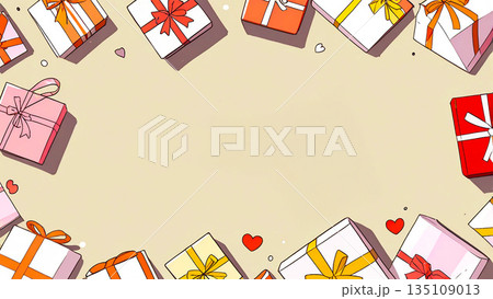 ギフトとリボンのポップな背景 飾り枠 コピースペース イベント 135109013