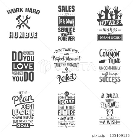Vintage Retro Motivational Quotes Typography Set, Vector Illustration. Black and White Inspirational Lettering Posters with Work Hard, Teamwork, Success, Goals and Productivity Slogans, Office Decor Vintage Retro Motivational Quotes Typography Set, Vector Illustration. Black and White Inspirational Lettering Posters with Work Hard, Teamwork, Success, Goals and Productivity Slogans, Office Decor 135109136