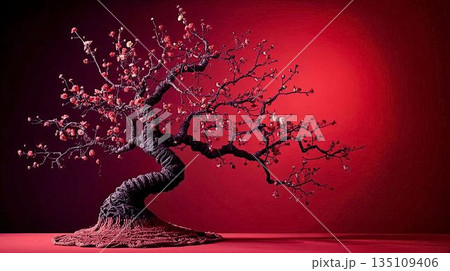 やわらかピンク花びらの毛糸梅 — 冬から春へ紡ぐ上質な情景 135109406