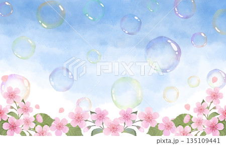 桜が舞うシャボン玉とシャボン背景 135109441