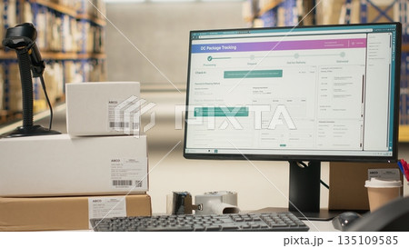 Industrial professional space supporting barcode tracking for large business, airway bills shipment details on a tracking software. Logistics efficiency for local and global distribution. Industrial professional space supporting barcode tracking for large business, airway bills shipment details on a tracking software. Logistics efficiency for local and global distribution. 135109585