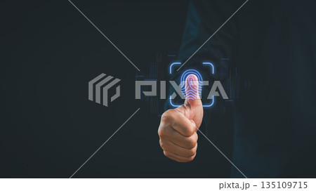 Biometric fingerprint scanning technology concept showing a digital thumbprint hologram for secure access, identity verification, and cybersecurity authentication in modern digital systems. Biometric fingerprint scanning technology concept showing a digital thumbprint hologram for secure access, identity verification, and cybersecurity authentication in modern digital systems. 135109715