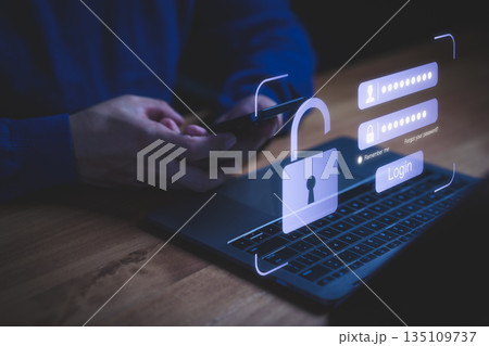 Cybersecurity concept showing user login and password protection on laptop and smartphone. Data privacy, online security, and identity protection in digital technology background. 135109737