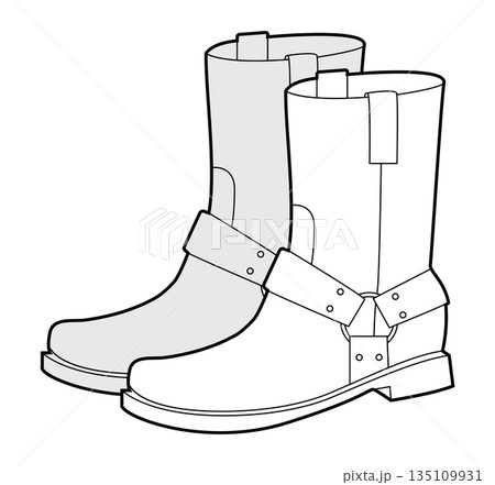 Harness western boot women sketch pair. Strap detail ankle boot for edgy country inspired city outfit. Technical fashion Harness western boot women sketch pair. Strap detail ankle boot for edgy country inspired city outfit. Technical fashion 135109931