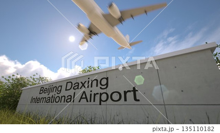 Airport departures scene at Beijing Daxing International Airport with airplane climbing above terminal, Beijing, China 3D rendering Airport departures scene at Beijing Daxing International Airport with airplane climbing above terminal, Beijing, China 3D rendering 135110182