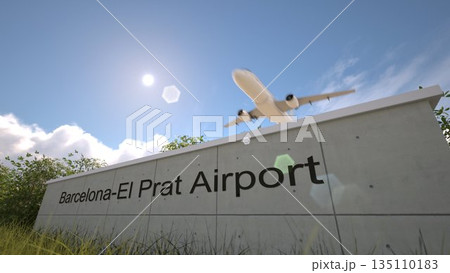 Outgoing flight concept at Barcelona El Prat Airport terminal sign with jet takeoff, Barcelona, Spain 3D rendering Outgoing flight concept at Barcelona El Prat Airport terminal sign with jet takeoff, Barcelona, Spain 3D rendering 135110183