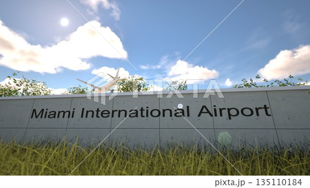 Arrivals at Miami International Airport with airplane landing near terminal, Miami, United States 3D rendering 135110184