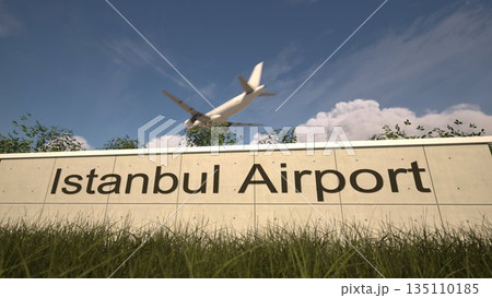 Arrivals at Istanbul Airport with airplane landing near terminal, Istanbul, Turkey 3D rendering Arrivals at Istanbul Airport with airplane landing near terminal, Istanbul, Turkey 3D rendering 135110185
