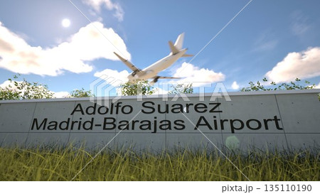 Arrivals at Adolfo Suarez Madrid Barajas Airport with airplane landing near terminal, Madrid, Spain 3D rendering 135110190