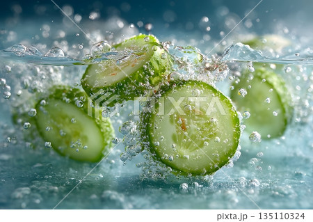水中に浮かぶフレッシュなきゅうりスライス 135110324