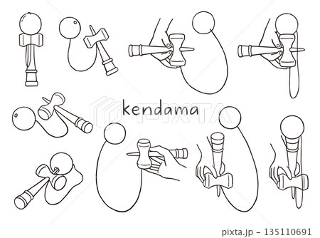 けん玉の手描きイラストセット（モノクロ） 135110691