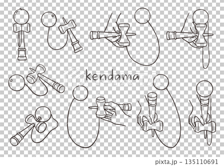 けん玉の手描きイラストセット（モノクロ） 135110691