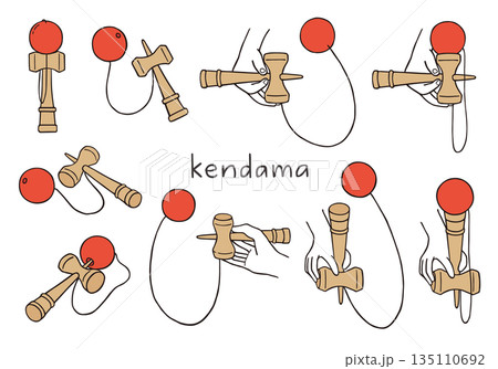 けん玉の手描きイラストセット（カラー） 135110692