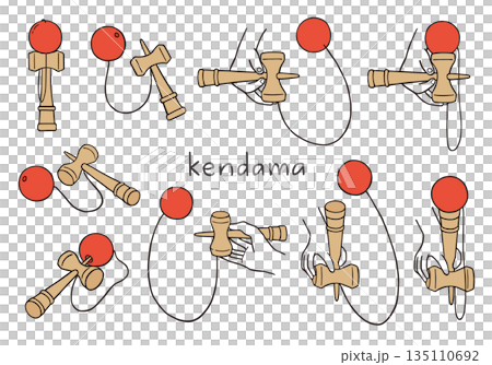 けん玉の手描きイラストセット（カラー） 135110692