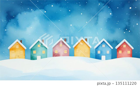 冬の風景：星空と雪に包まれたカラフルな街並みの水彩画イラスト 135111220
