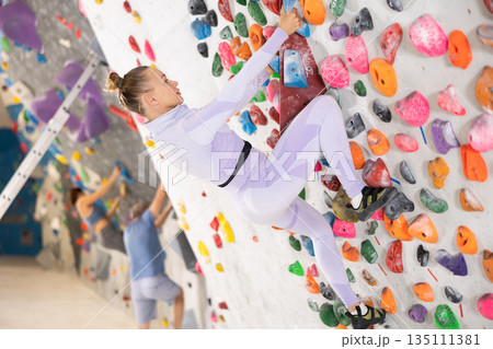 Adult woman practicing rock climbing on climbing wall 135111381