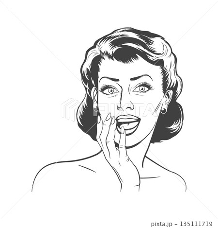 Vintage Comic Style Surprised Woman Face Line Art, Vector Illustration. Retro Pop Art Female Portrait with Hand on Mouth. Black and White Expression Illustration for Sticker, Poster,nd T-Shirt Design Vintage Comic Style Surprised Woman Face Line Art, Vector Illustration. Retro Pop Art Female Portrait with Hand on Mouth. Black and White Expression Illustration for Sticker, Poster,nd T-Shirt Design 135111719