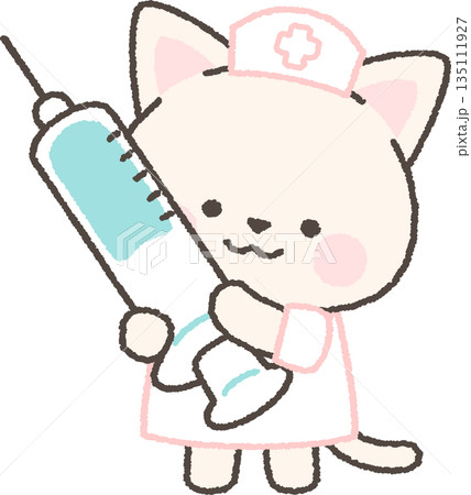 注射器を持つ白ネコの看護師 135111927
