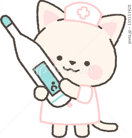 体温計を持つ白ネコの看護師 135111928