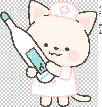 体温計を持つ白ネコの看護師 135111928