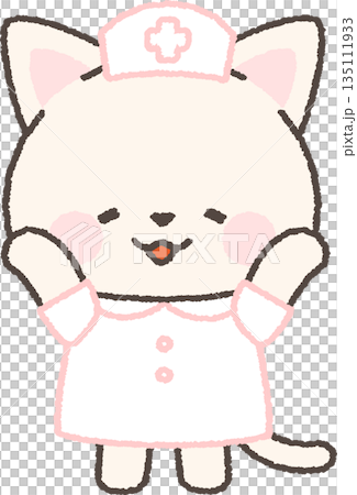 A white cat nurse happily raising both hands A white cat nurse happily raising both hands 135111933