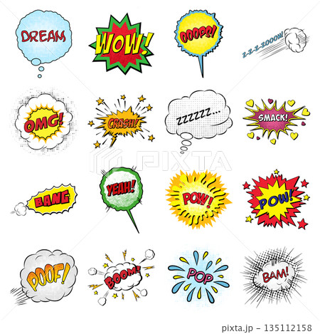 Vector Pop Art Comic Speech Bubbles Set with Colorful Halftone Shapes and Cartoon Sound Effects for Posters, Social Media, Branding, Prints and Packaging 135112158