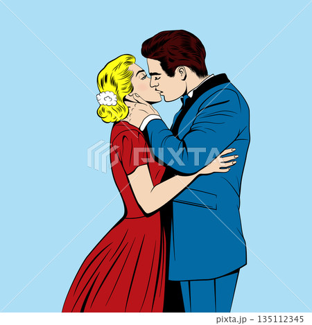 Vector Retro Pop Art Kissing Couple Illustration. Romantic Lovers Embrace Comic Style Man and Woman Kiss. Vintage Love Scene in Color. Classic Romance Artwork for Valentine, Wedding, Cards, Posters Vector Retro Pop Art Kissing Couple Illustration. Romantic Lovers Embrace Comic Style Man and Woman Kiss. Vintage Love Scene in Color. Classic Romance Artwork for Valentine, Wedding, Cards, Posters 135112345