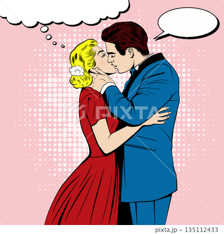 Vector Retro Pop Art Kissing Couple with Speech Bubble. Romantic Man and Woman Kiss in Comic Style. Vintage Love Scene on Pink Halftone Background, Valentine Romance Illustration for Cards Posters 135112433