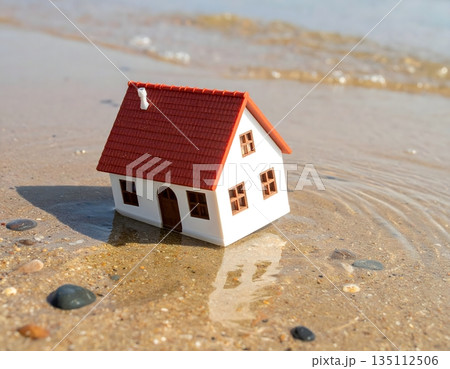 洪水被害に遭う、家のミニチュアと水面 135112506