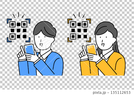 Illustration of a young man and woman trying to scan a QR code with a smartphone 135112653