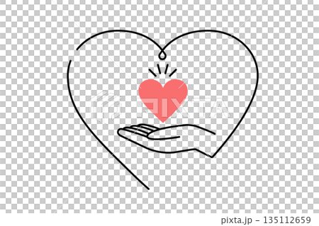 Illustration of a heart and a person's hands drawn in a single stroke - an image of support 135112659