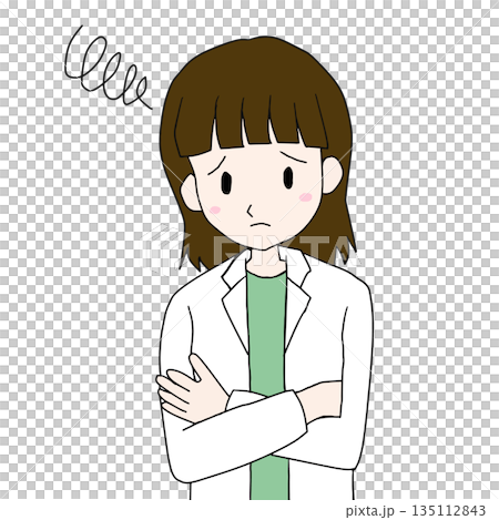 困った表情で腕を組む白衣の女性のイラスト 135112843