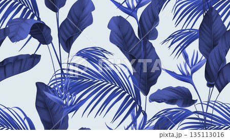 Floral seamless pattern, heliconia flowers with various leaves in blue Floral seamless pattern, heliconia flowers with various leaves in blue 135113016