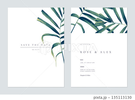 Minimalist botanical wedding invitation card template design, hand drawn palm leaves on white 135113130