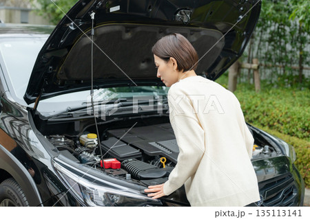 車の故障で悩む女性 車の故障で悩む女性 135113141